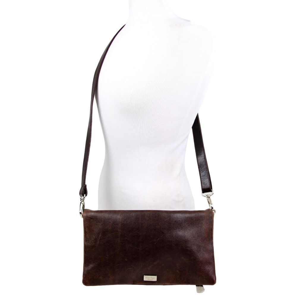NINA HEYER BROWN GENUINE LEATHER FOLDED CROSSBODY MESSENGER SHOULDER BAG PURSE